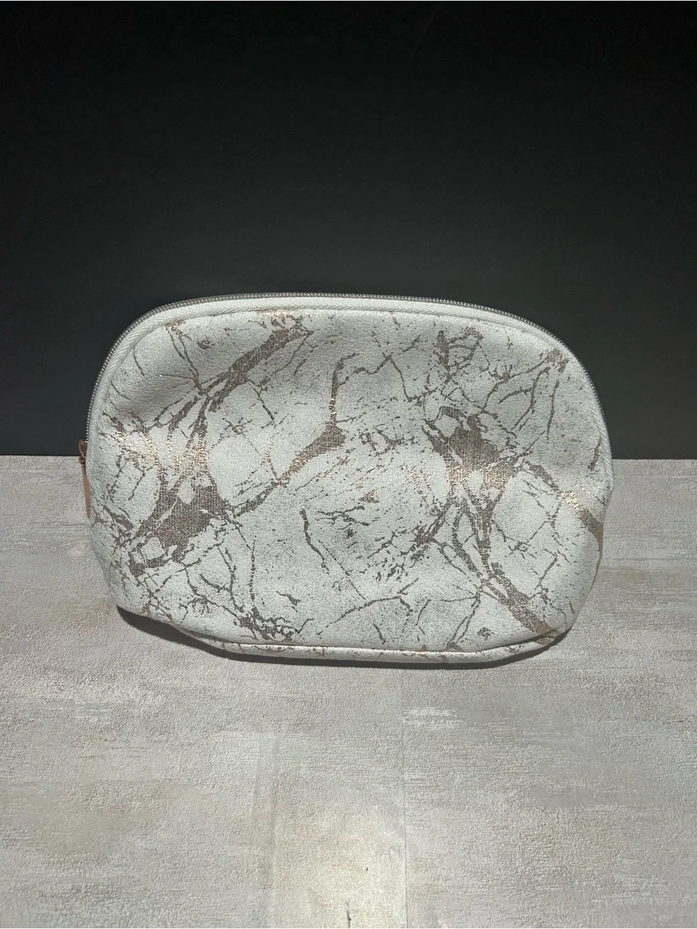Metallic Marble-Print Cosmetic Pouch - White and Rose Gold